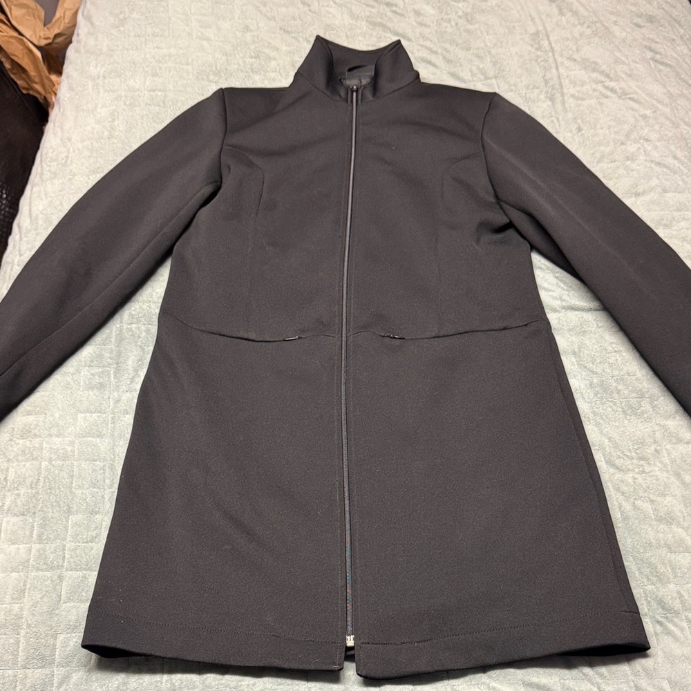 Express Black Zip-Up Coat, Long, Minimalist, Dressy, Classy, Pockets, Size 7/8